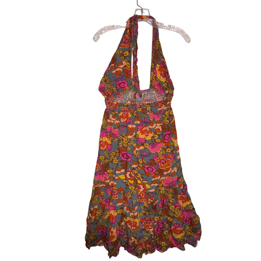 Boho Floral‎ Halter Maxi Dress Smocked Bodice Tie Neck Flowy Vacation Resort - Picture 3 of 3